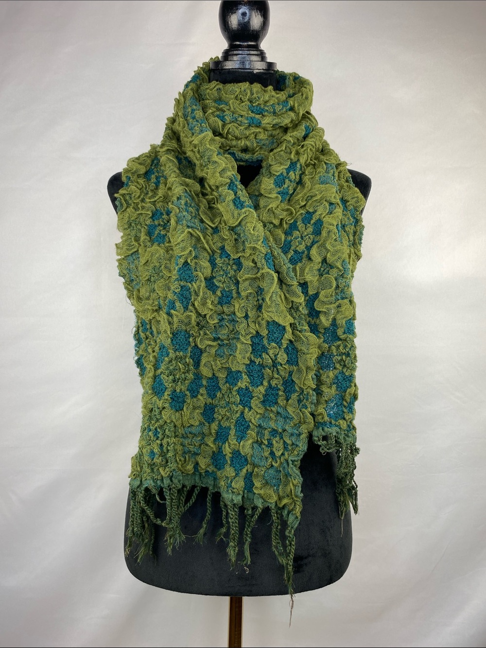 Boho Artsy Teal & Moss Green Textured Ruffle Floral Fringe Scarf Wrap 72” X 12”